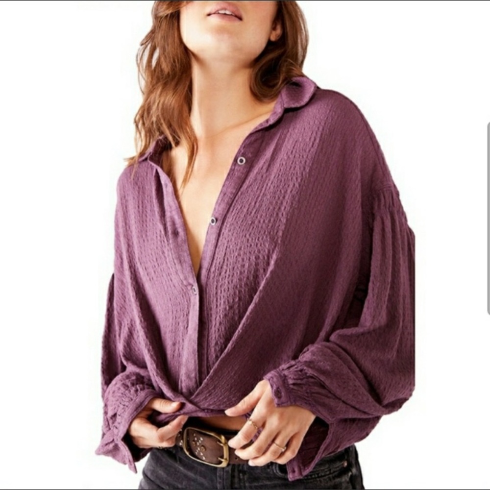 We the free purple ballon sleeve button up top